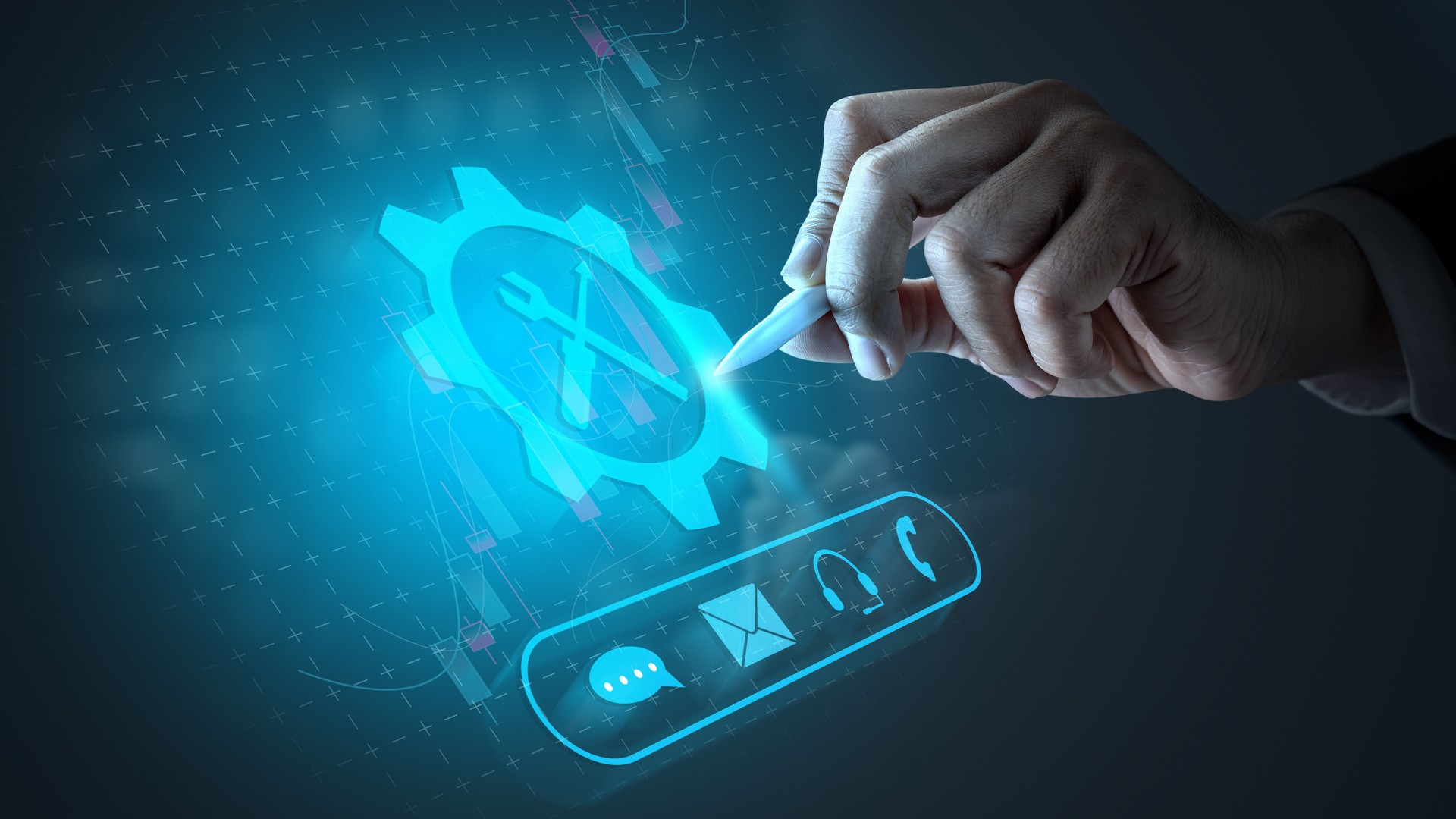 Businessman touching the icon of a gear with wrench and screwdriver tools. Technology innovation on a virtual screen. Concept of technical support or customer service